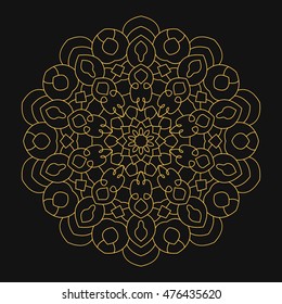 Circular symmetrical ethnic pattern on dark background. Vector gold mandala.