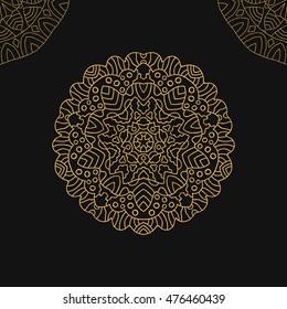 Circular symmetrical ethnic pattern on dark background. Vector gold mandala.