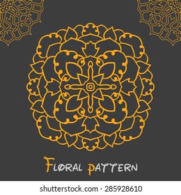 Circular symmetrical yellow pattern on dark background. Vector illustration of mandala