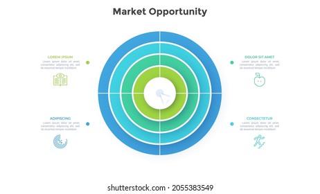 Circular Target Diagram With 4 Colorful Rings. Concept Of Four Market Opportunities. Modern Infographic Design Template. Simple Flat Vector Illustration For Business Analysis Of Marketing Strategy.