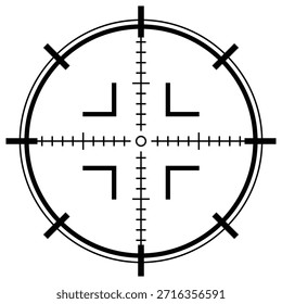 Retícula circular de destino con marcas de enfoque de esquina, alineación precisa y símbolo de control para pantallas ópticas, paneles de análisis y diseño de interfaz
