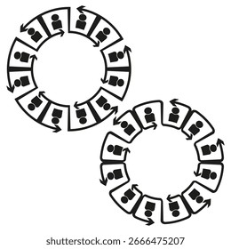 Diagrama circular do trabalho em equipe. Processo do ciclo comercial. Símbolo de fluxo de pessoas. Gráfico redondo vetorial. EPS 10.
