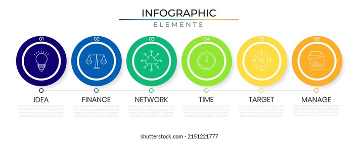 Circular Tech Roadmap Horizontal Row Infographic Design Vector With Icons. Six Steps Timeline Network Project Template For Presentation And Report.