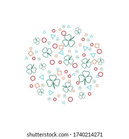 Circular template. Background with clover and geometric shapes. Multi-colored lines. Place for text. Vector illustration