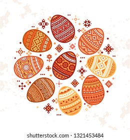 The circular template of colorful Easter egg vector flat icons painted in traditional style. Eggs isolated vector. Easter eggs for Easter holidays design.