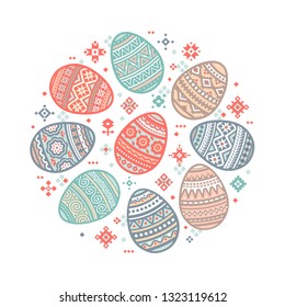 The circular template of colorful Easter egg vector flat icons painted in traditional style. Eggs isolated vector. Easter eggs for Easter holidays design. Eggs icons flat modern style.