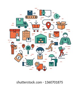 Circular template delivery logistic set in flat style with place for text. Baggage trolley, route, cash, 24 hours, sea shipping, cargo container, car delivery, warehouse.
