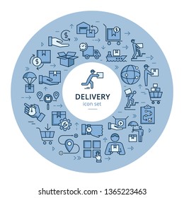Circular template delivery logistic set in flat style with place for text. Baggage trolley, route, cash, 24 hours, sea shipping, cargo container, car delivery, warehouse.