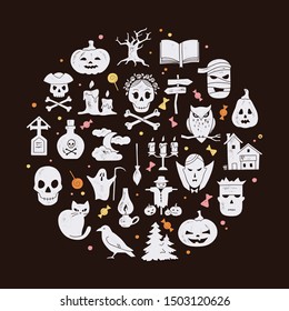 Circular template Halloween postcard decoration. Halloween night vector set of modern simple retro-style icons for decoration and printing.