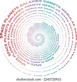 Circular text graphic with space related words creating a beautiful swirl with words space, galaxies, planets, comets, nebulae, dark matter, stars, milky way, sun, asteroids