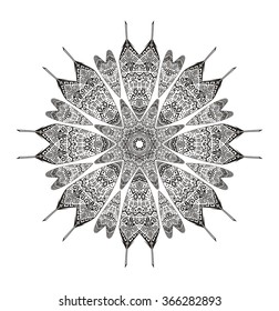 circular texture with hand drawn feather pattern carved in style Indians monochrome