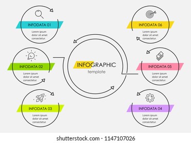 Circular thin line Infographic design template with icons and 6 options or steps.  Can be used for process diagram, presentations, workflow layout, banner, flow chart, info graph.