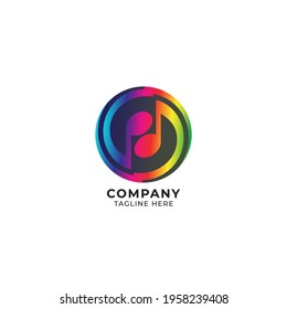 Circular thunder musical note logo design template. Yinyang logo concept with black ellipse shape behind. Rainbow color gradient. Vector illustration isolated on white background