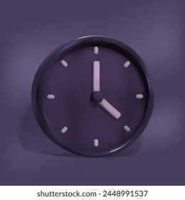 
Circular time icon, business concept. Translucent 3D black and purple clock, minimalist style, symbolizes time management. 