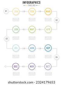 Circular timeline infographic or element with 12 months, step, process, option, 4 quartile, colorful circle, arrow, button, minimal style for sale slide, schedule, planner, agenda, annual report, web