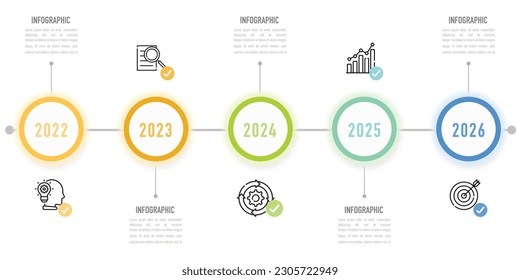 Plantilla o elemento de la línea de tiempo circular con 5 años, paso, proceso, opción, círculo colorido, 2022, 2023, 2024, 2025, 2026, iconos, moderno, estilo mínimo para la venta diapositiva, planificador, viaje, web