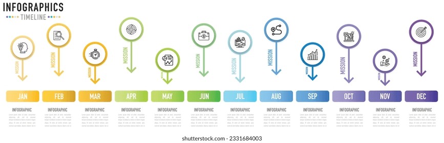 Circular timeline infographic template or element with 12 month, step, process, option, colorful circle, arrow, button, tag, pin for sale slide, mission, workflow, flowchart, agenda, planner, schedule