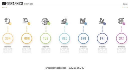 Circular timeline Wöchentliche Infografik-Vorlage oder Element mit 7 Tagen, Schritt, Prozess, Option, bunter Kreis, Taste, Pfeil, minimaler Stil für den Verkauf Folie, Kalender, Planer, Workflow-Flussdiagramm Internet