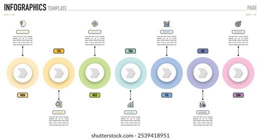 Modelo ou elemento infográfico semanal da linha do tempo circular com 7 dias, etapa, processo, opção, retângulo colorido, barra, coluna, seta