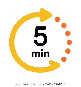 Circular timer icon showing five minutes with rotating arrow and orange dots