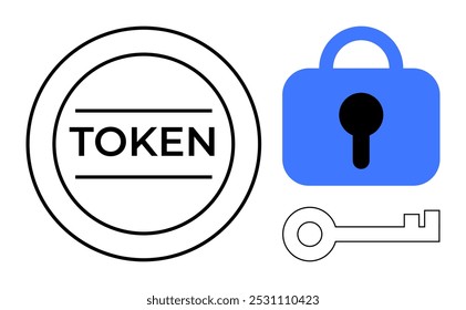 Token circular ao lado de lock and key. Ideal para conceitos de segurança cibernética verificação de identidade digital segurança on-line autenticação de acesso baseada em token tecnologia blockchain. Arte de linha simples