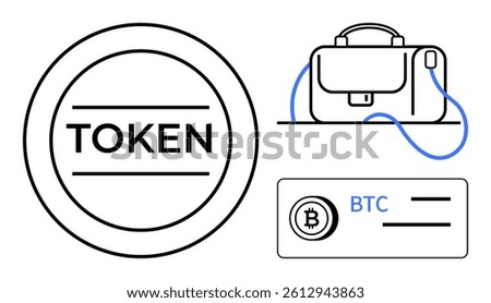 Circular token with TOKEN text, satchel-style wallet, and Bitcoin card labeled BTC. Ideal for cryptocurrency, digital wallets, blockchain finance, online security, fintech, investment, and digital