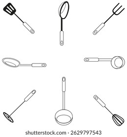 Circular tool set. Kitchen items arranged. Utensils in order. Black and white vector.