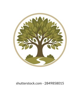 Circular tree logo with path and leaves.