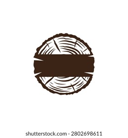 A circular tree trunk wood slice texture logo template featuring a solid dark brown center banner space for company name placement.