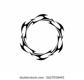 Estilo tribal Y2K circular, con espinas simétricas y un movimiento dinámico y vanguardista ideal para imágenes tecnológicas o abstractas.