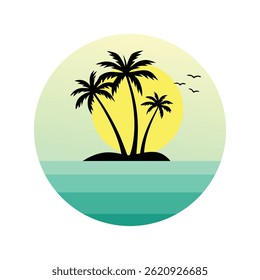 circular tropical island scene with palm trees and sun
