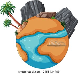 Circular tropical island with water and palm trees.