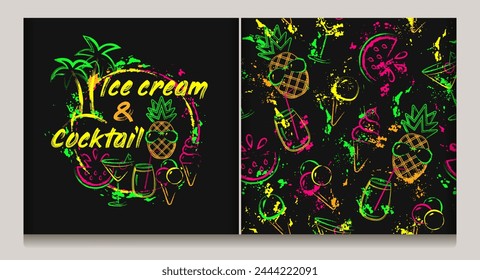 Circular tropical label, seamless pattern with icons of pineapple, cocktail glass, ice cream, palm trees. Paint brush strokes, splattered paint. Neon fluorescent colors. Outline, contour illustrations