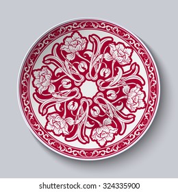 Circular unusual red floral pattern. Stylized Chinese porcelain painting. The ornament is shown on the ceramic plate. Vector illustration