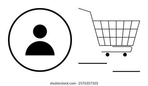 Circular user account symbol next to a shopping cart. Ideal for online shopping, e-commerce sites, consumer behavior studies, digital marketplaces, and retail applications. Simple vector design