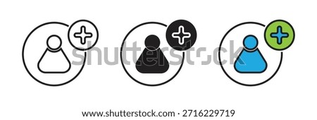 Circular user avatar icon with a plus sign for social media friend requests, group invitations, and adding new digital subscribers.