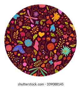 circular Valentines day card, ornate background. hand-drawn pattern with multi-colored hearts, flowers, butterflies, dragonflies, leaves and abstraction. Valentines day background.