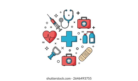 Disposição circular vetorial de vários fornecimentos e instrumentos médicos para os cuidados de saúde
