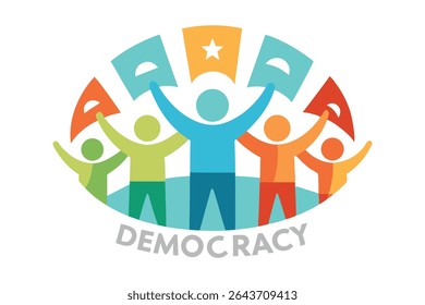 Circular vector artwork of diverse crowd raising transparent ballots forming a mosaic of global flags. Glowing "Democracy" text in center symbolizes unity, participation, and global civic power.