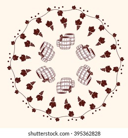 circular vector background with wine barrels and grape