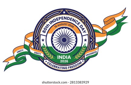 Circular vector badge design celebrating the eightieth anniversary of indian independence featuring national tricolor ribbons and the decorative ashoka chakra
