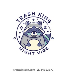 A circular vector badge featuring a stylized sleeping raccoon with stars and moon elements, captioned with Trash King Night Vibe in a clean line art style.