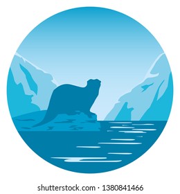 Circular vector of blue otter silhouette sitting on a blue rock in water surrounded by blue hills in the background