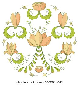 A circular vector composition of yellow-orange stylized flowers. The style is oriental, ethnic, folklore. For various design and printing.
