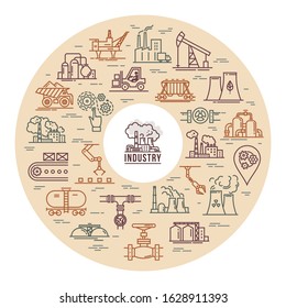 Circular vector concept which consists of linear icons of industrial theme on a brown background and a logo in the middle.
