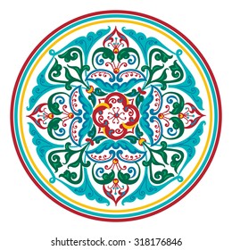 A circular vector design featuring acanthus leaf elements and flourishes.