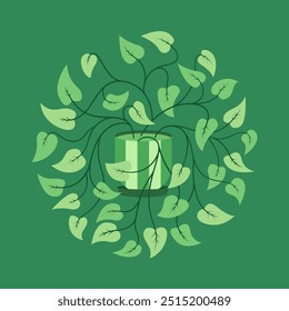 Circular vector design featuring houseplant vines and a pot in a minimalistic green palette. Perfect for nature-themed, eco-friendly, and botanical projects in both digital and print media