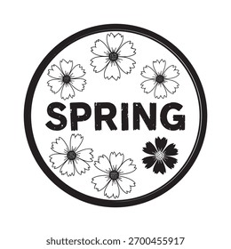 Circular vector design featuring the word 'SPRING' surrounded by whimsical hand-drawn floral illustrations, ideal for seasonal themes.