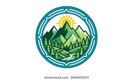 A circular vector emblem featuring green mountain peaks, a dense forest, a winding river, and a radiant sun, designed in a flat illustration style.