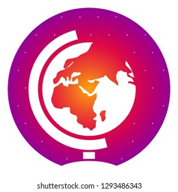 Circular vector globe illustration with stars in purple pink and orange gradient colors.
